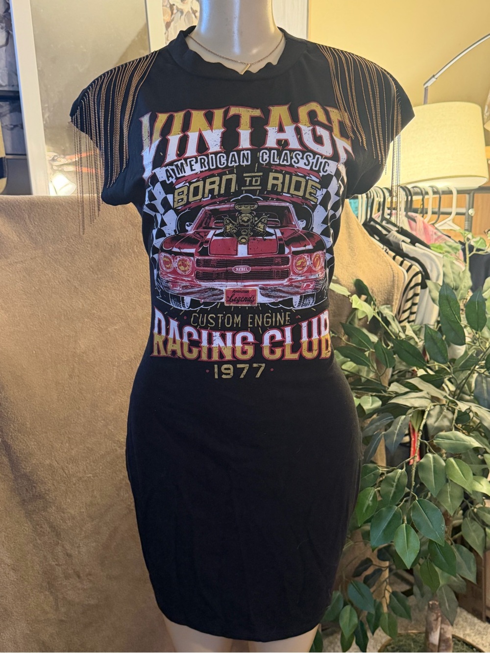 Vintage Racing Club Graphic T-Shirt Dress Fringed Shoulder Size L